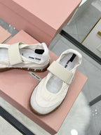 Miu Tyre Ballerina Shoes White Suede Fabric 456343