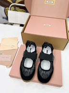 Miu Tyre Ballerina Shoes Black Suede Lace 456344