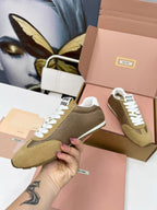 Miu Plume Sneakers Yellow-Brown Suede Lace 456346