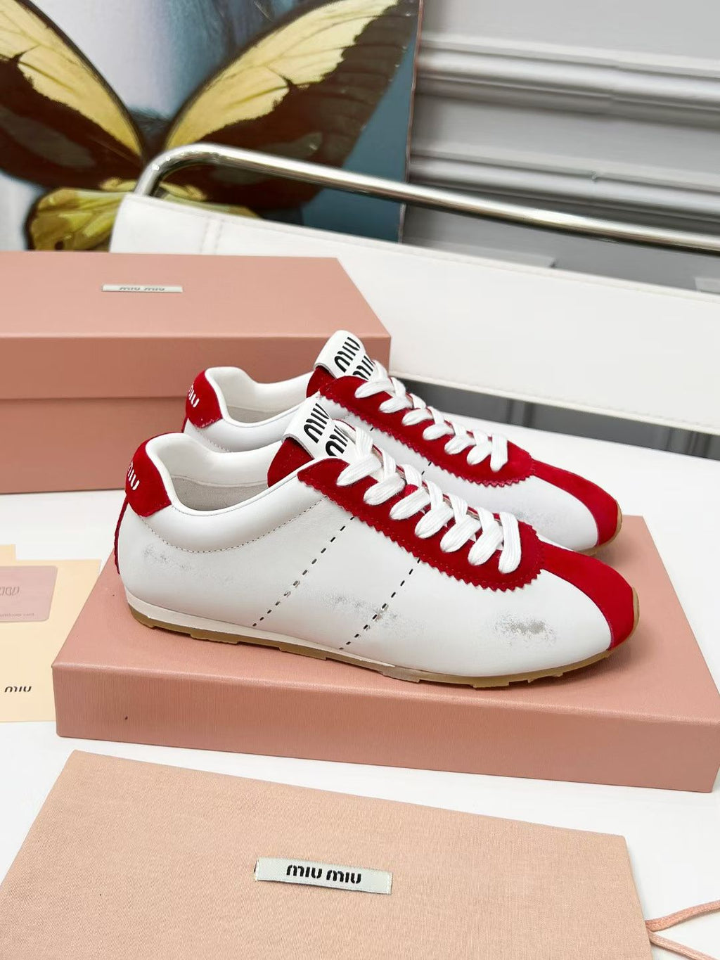 Miu Plume Sneakers Red White Cowhide Suede 456352