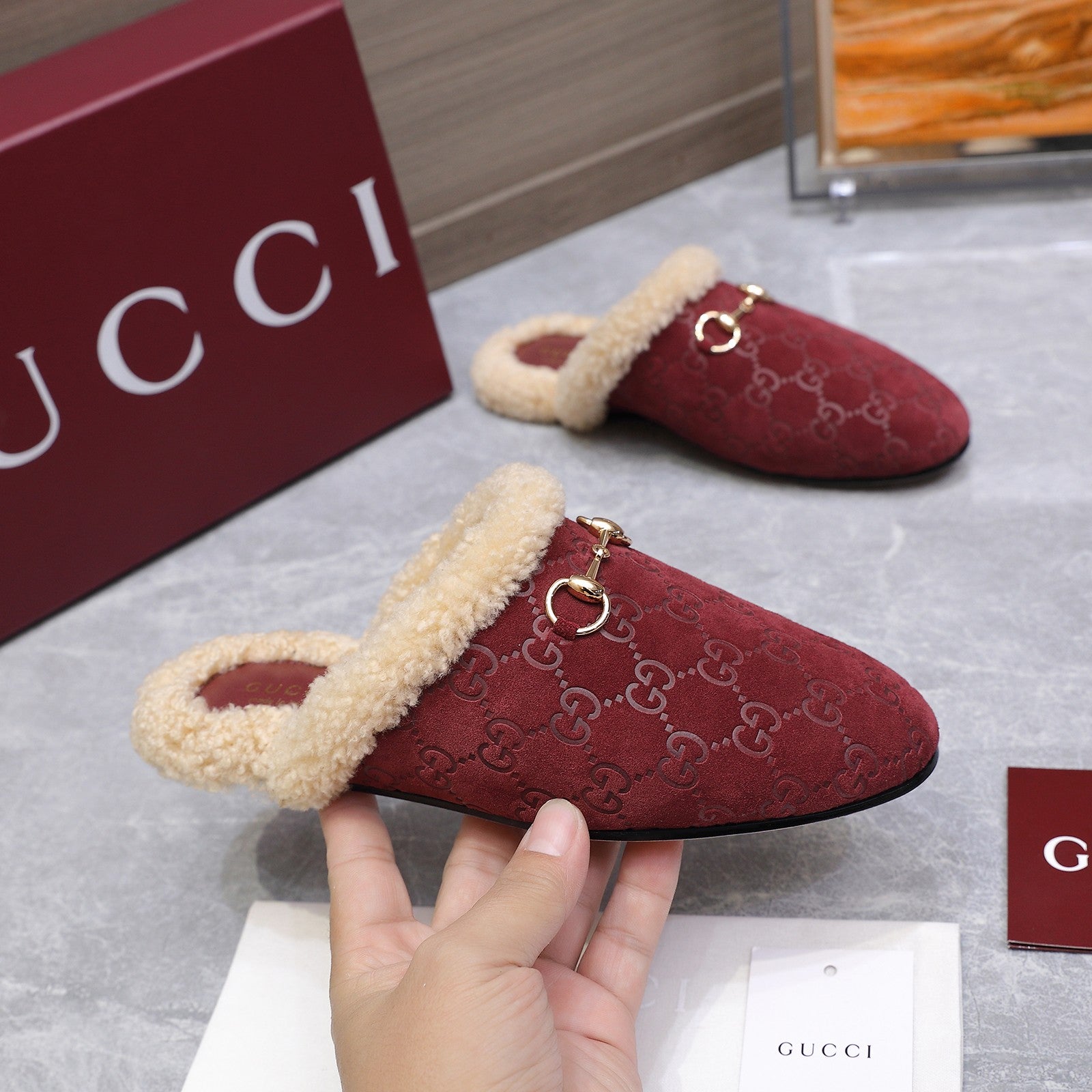 GG Horsebit Mules with Burgundy Insole Suede Shearing 547329