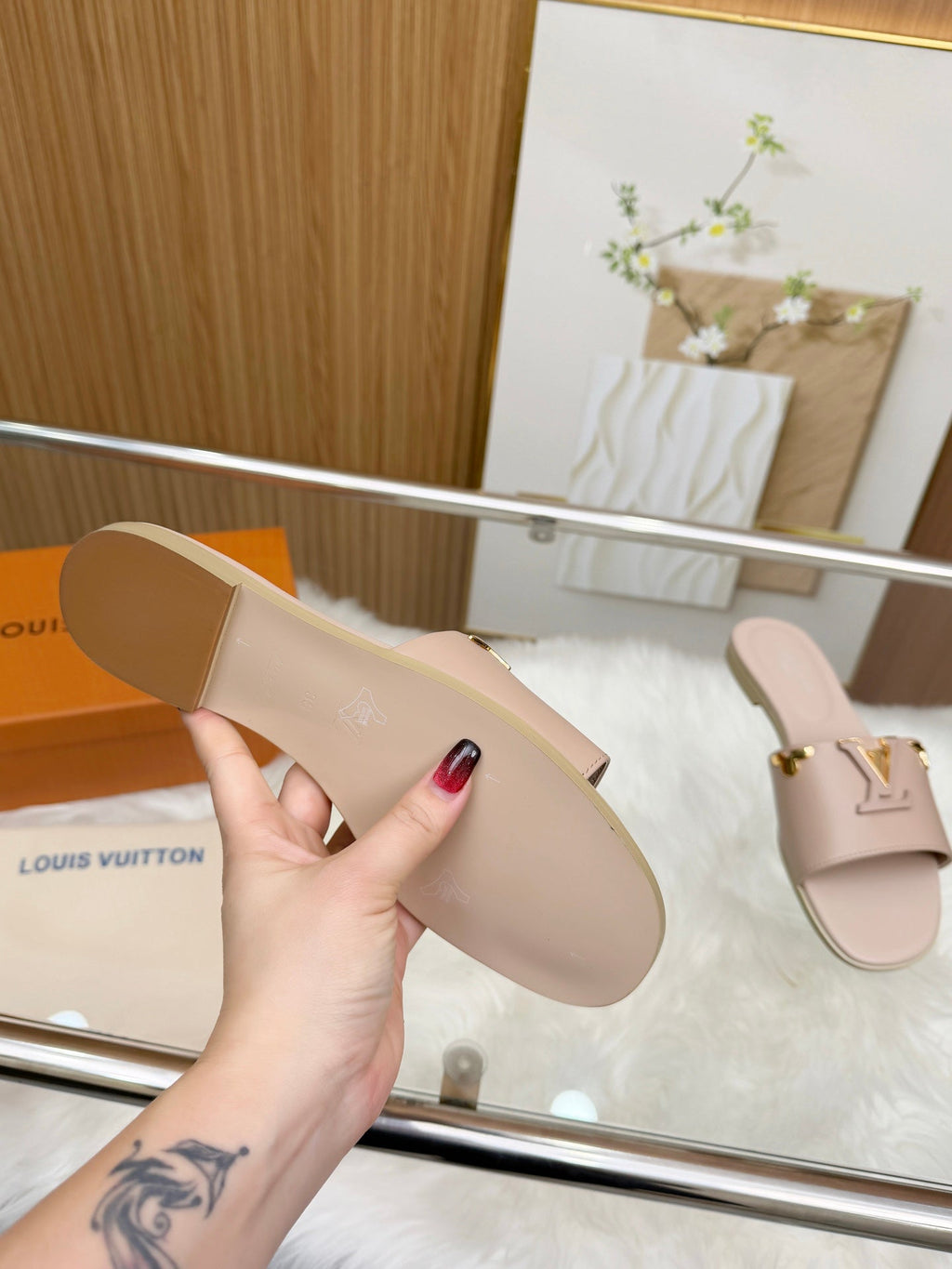 LV Mare Flat Mule Light Taupe Sheepskin