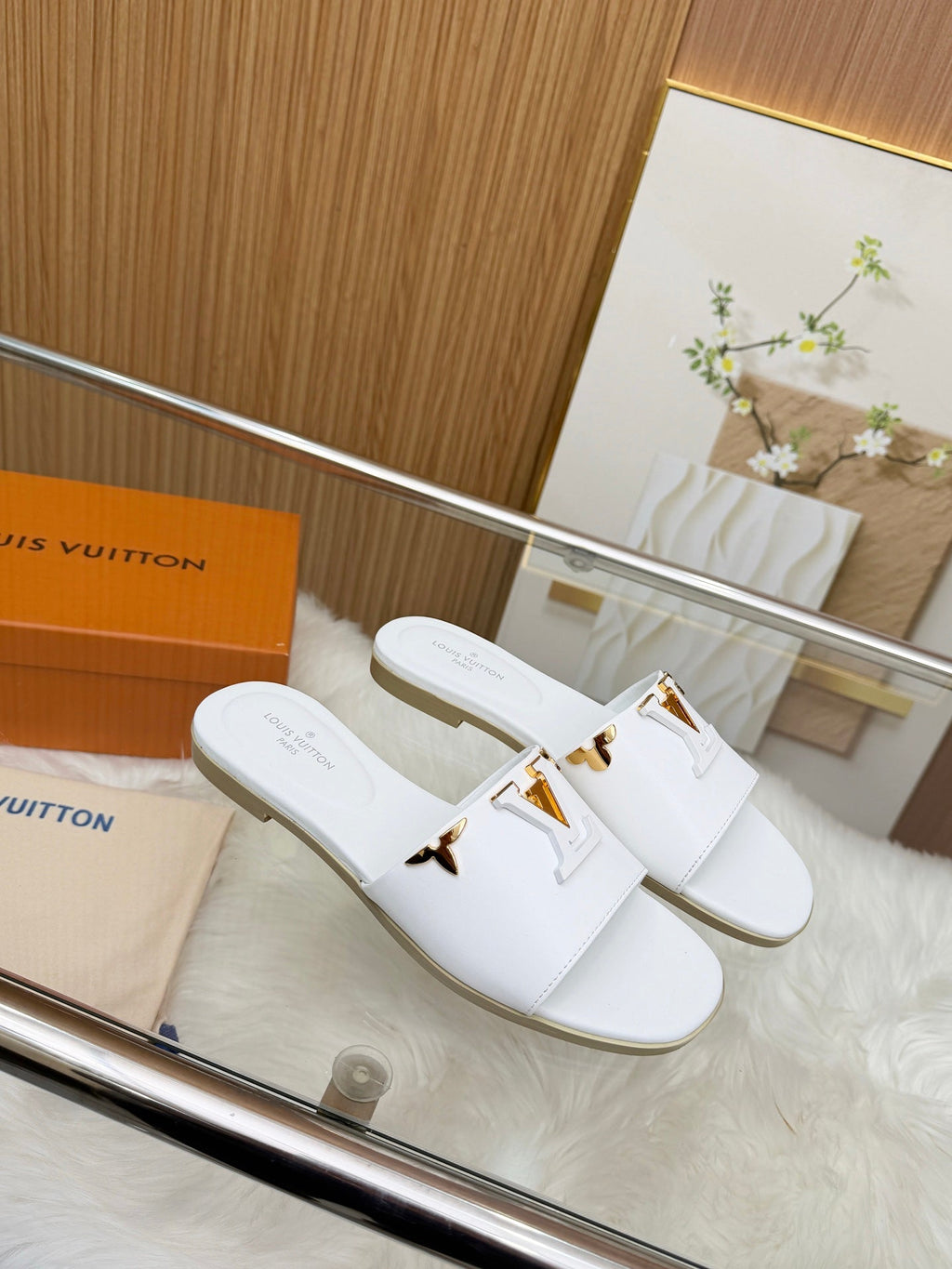 LV Mare Flat Mule White Sheepskin