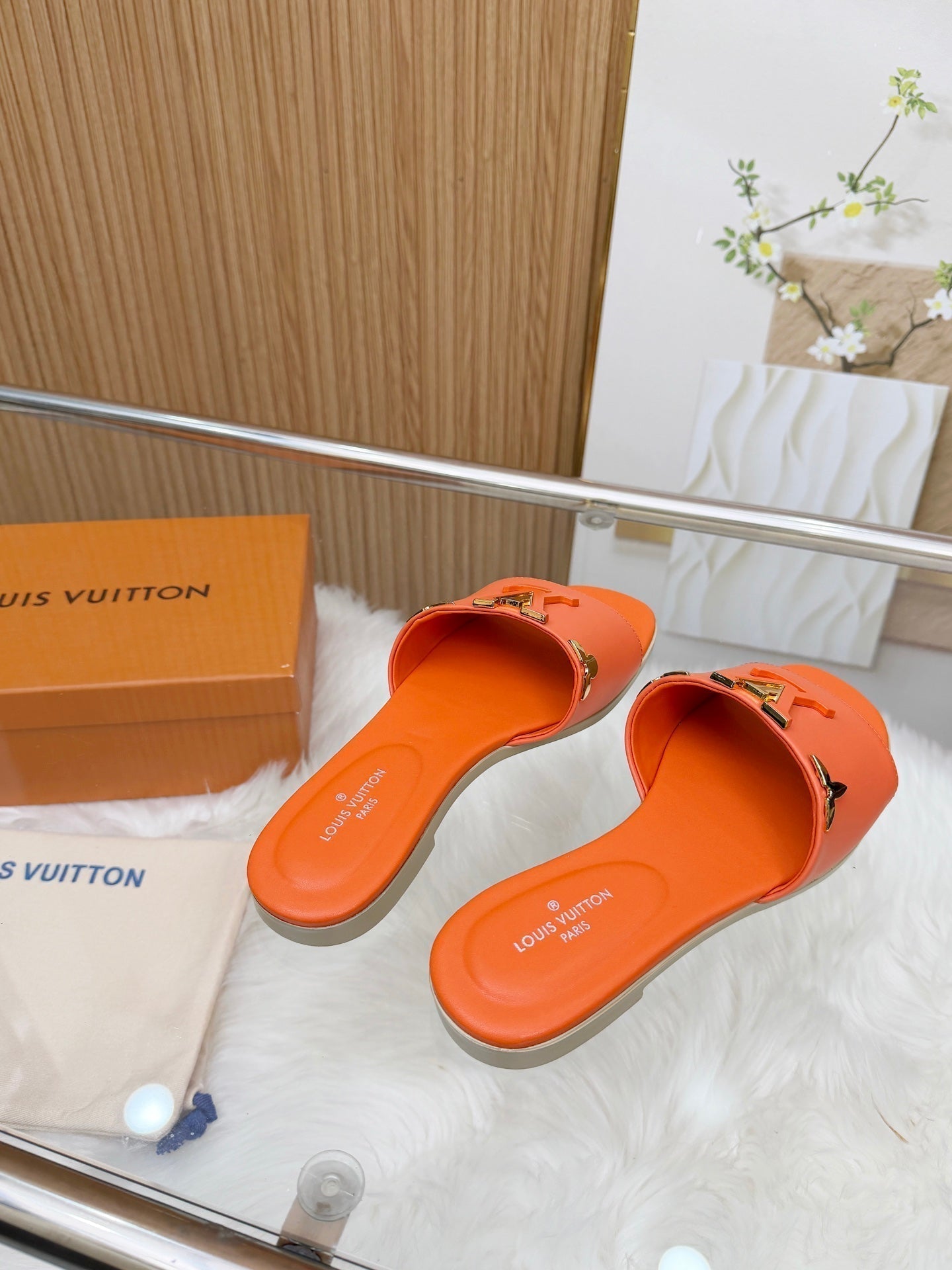 LV Mare Flat Mule Orange Sheepskin