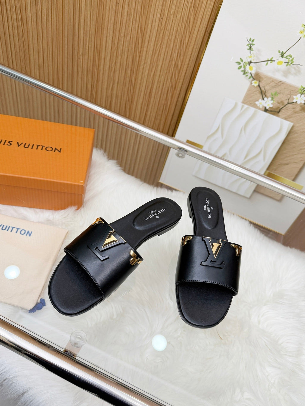 LV Mare Flat Mule Black Sheepskin