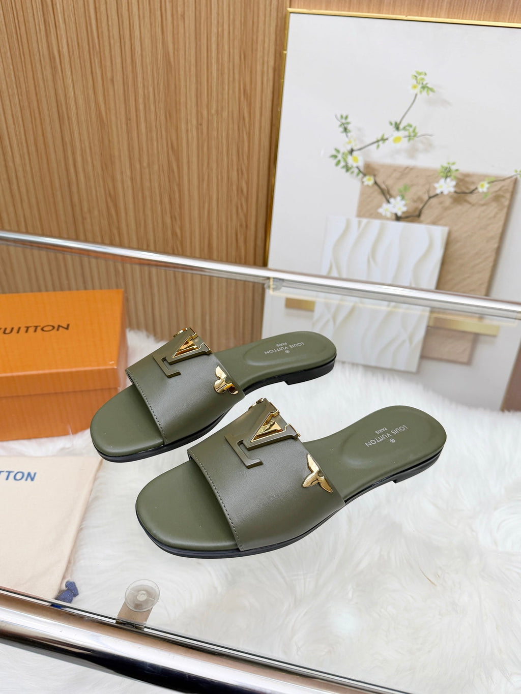 LV Mare Flat Mule Olive Green Sheepskin