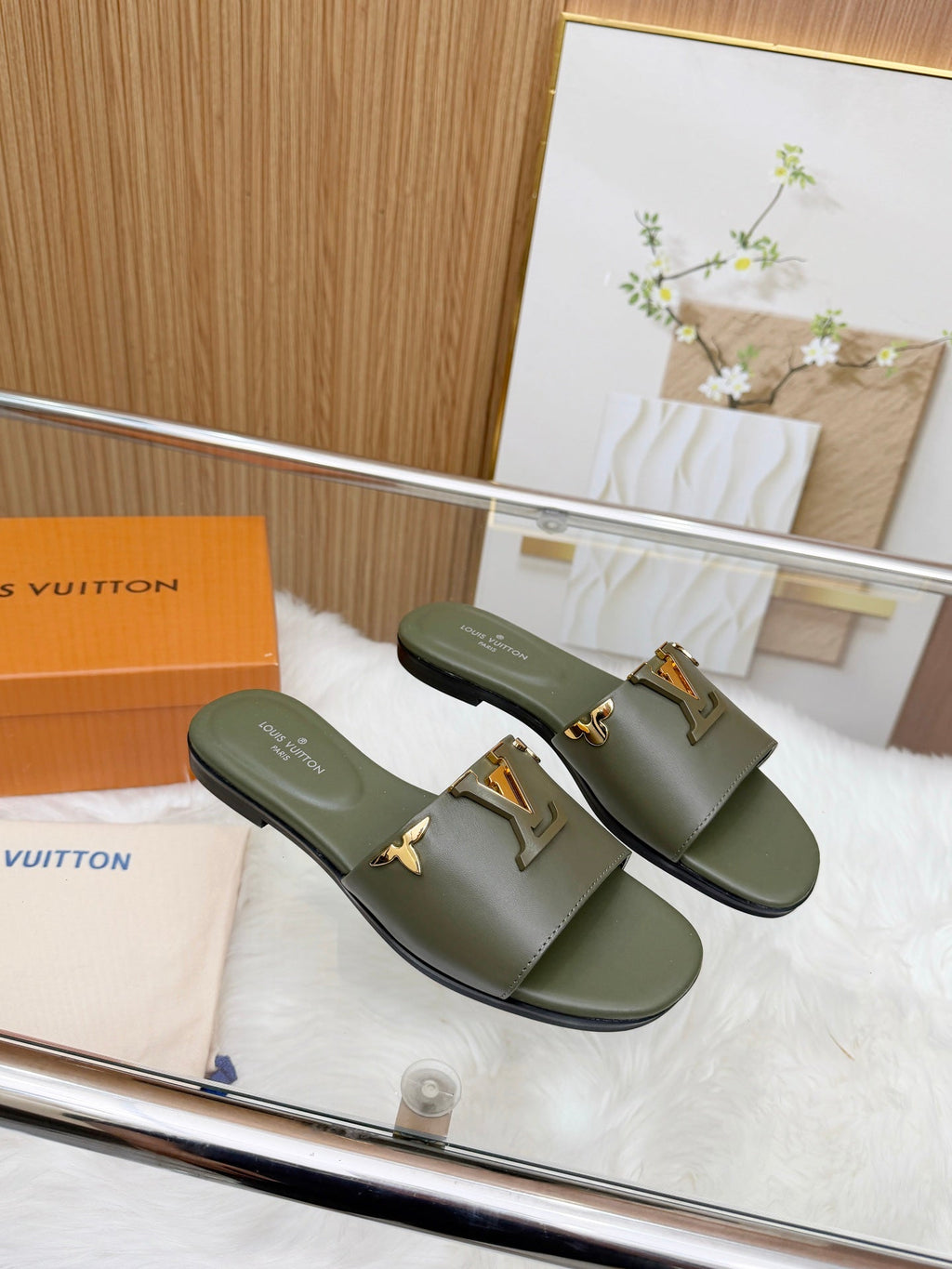 LV Mare Flat Mule Olive Green Sheepskin