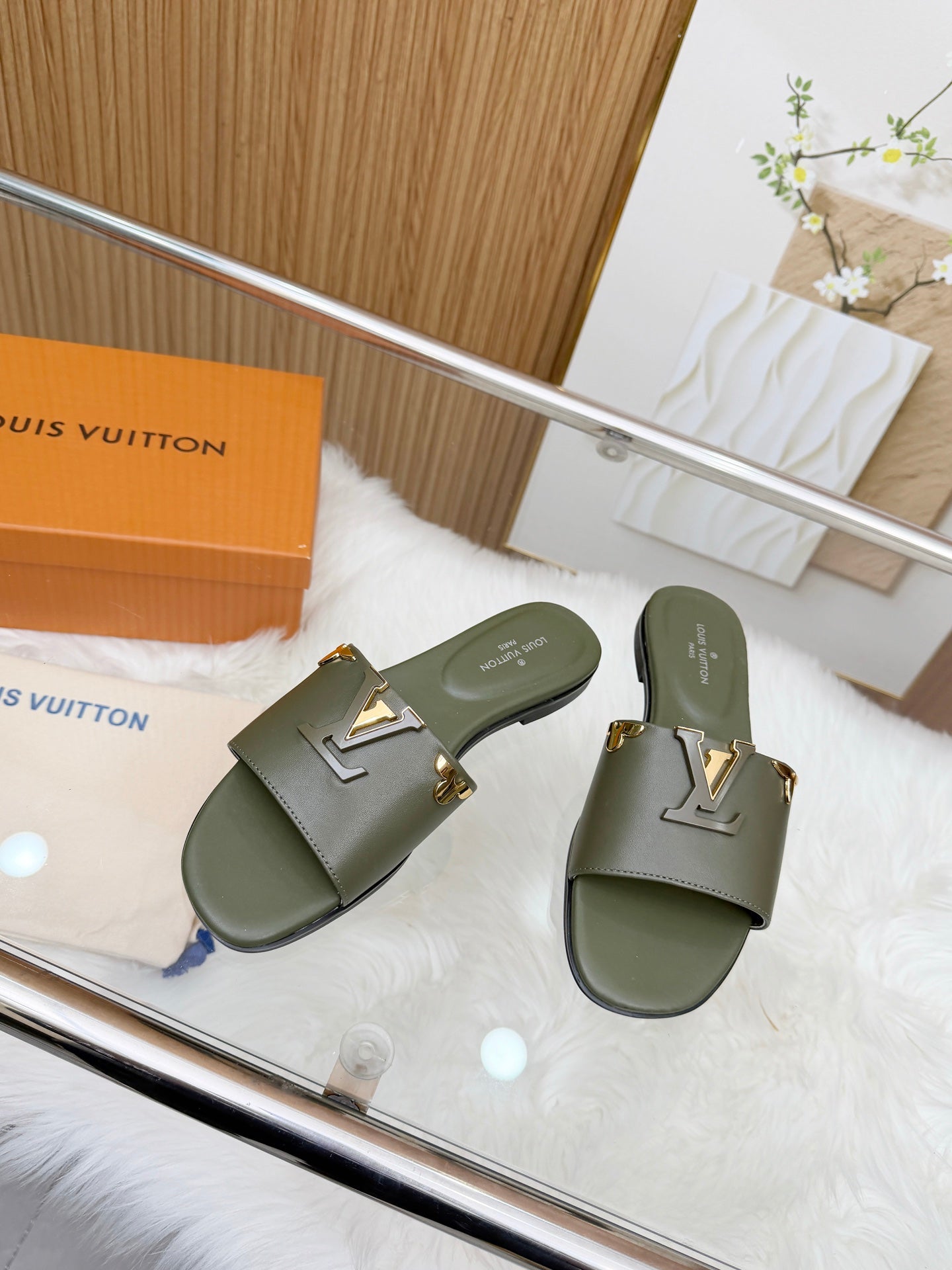 LV Mare Flat Mule Olive Green Sheepskin
