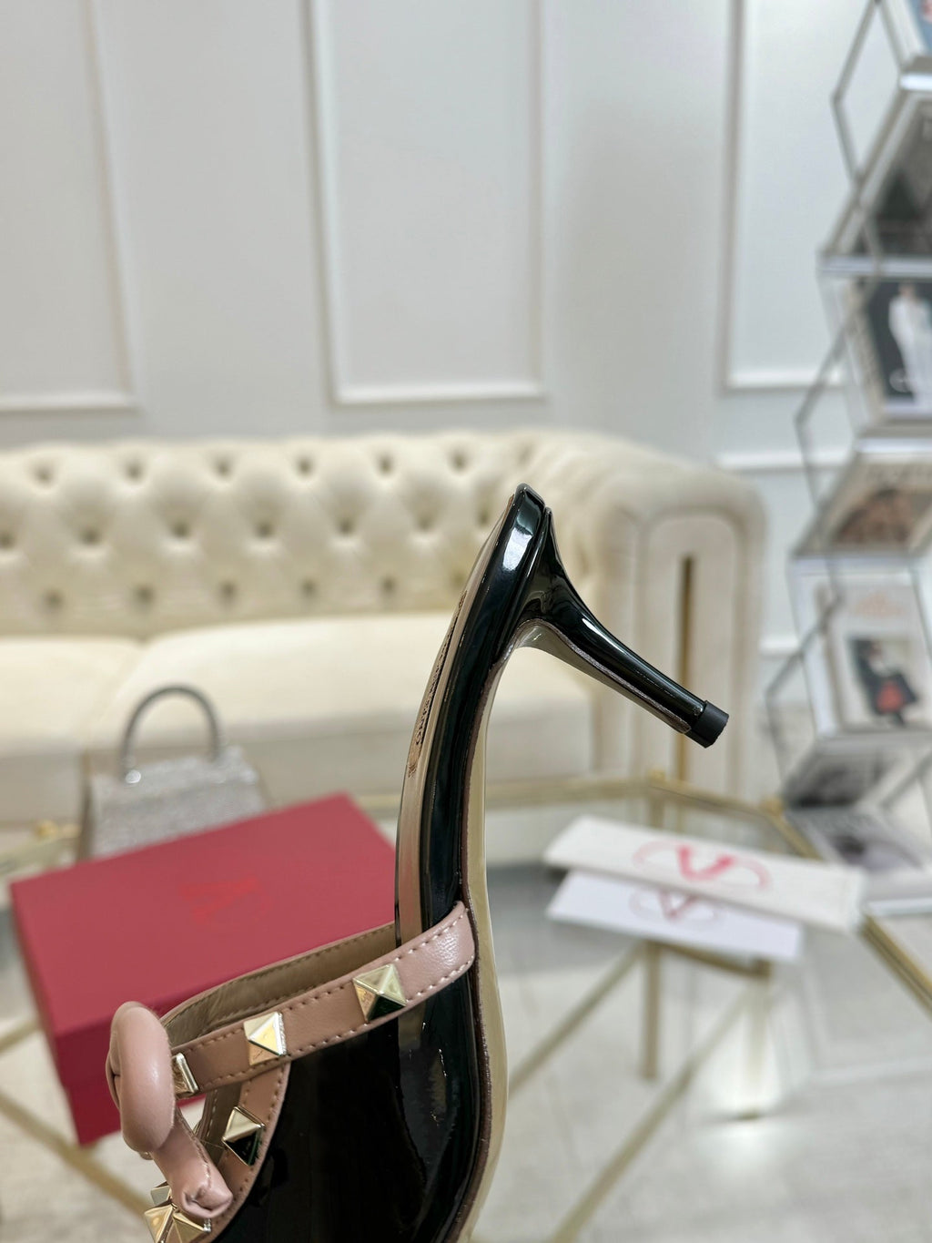 VT 25 Rockstud Bow Mule Black Pink Patent Leather