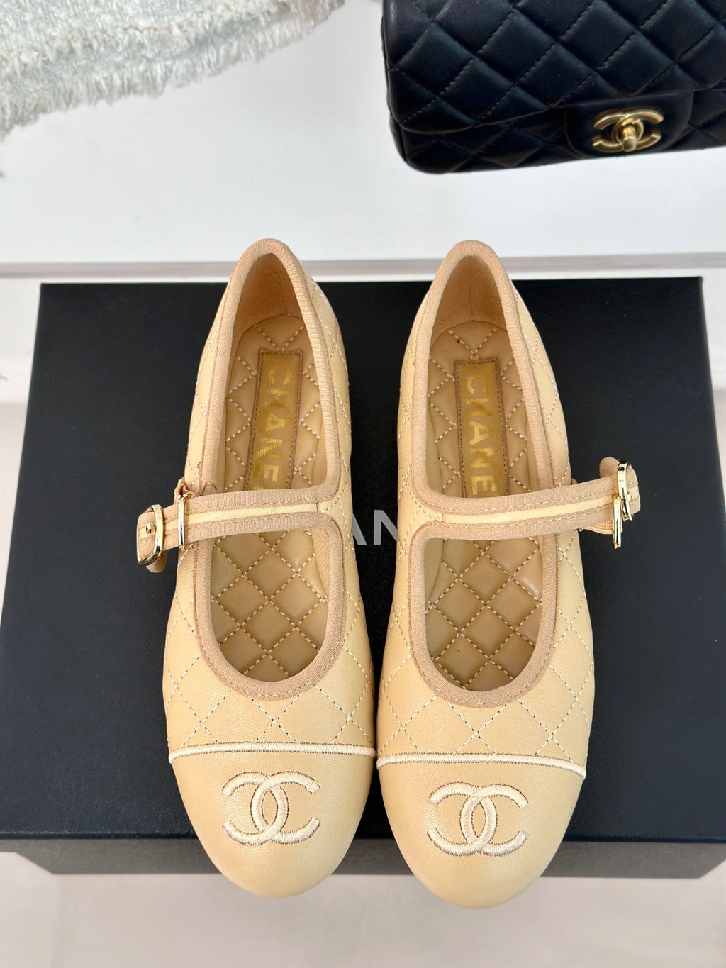 mary jane beige quilted lambskin