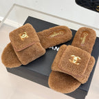 Chanel 25 Buckle Flip-up Thick-soled Slippers Brown Wool 465381