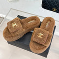 Chanel 25 Buckle Flip-up Thick-soled Slippers Brown Wool 465384