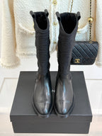 CC cowboy mid-calf boots black sheepskin denim fabric 511980
