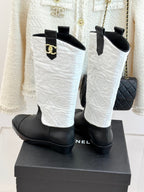CC cowboy mid-calf boots black white sheepskin denim fabric 511981