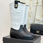 CC cowboy mid-calf boots black white sheepskin denim fabric 511981