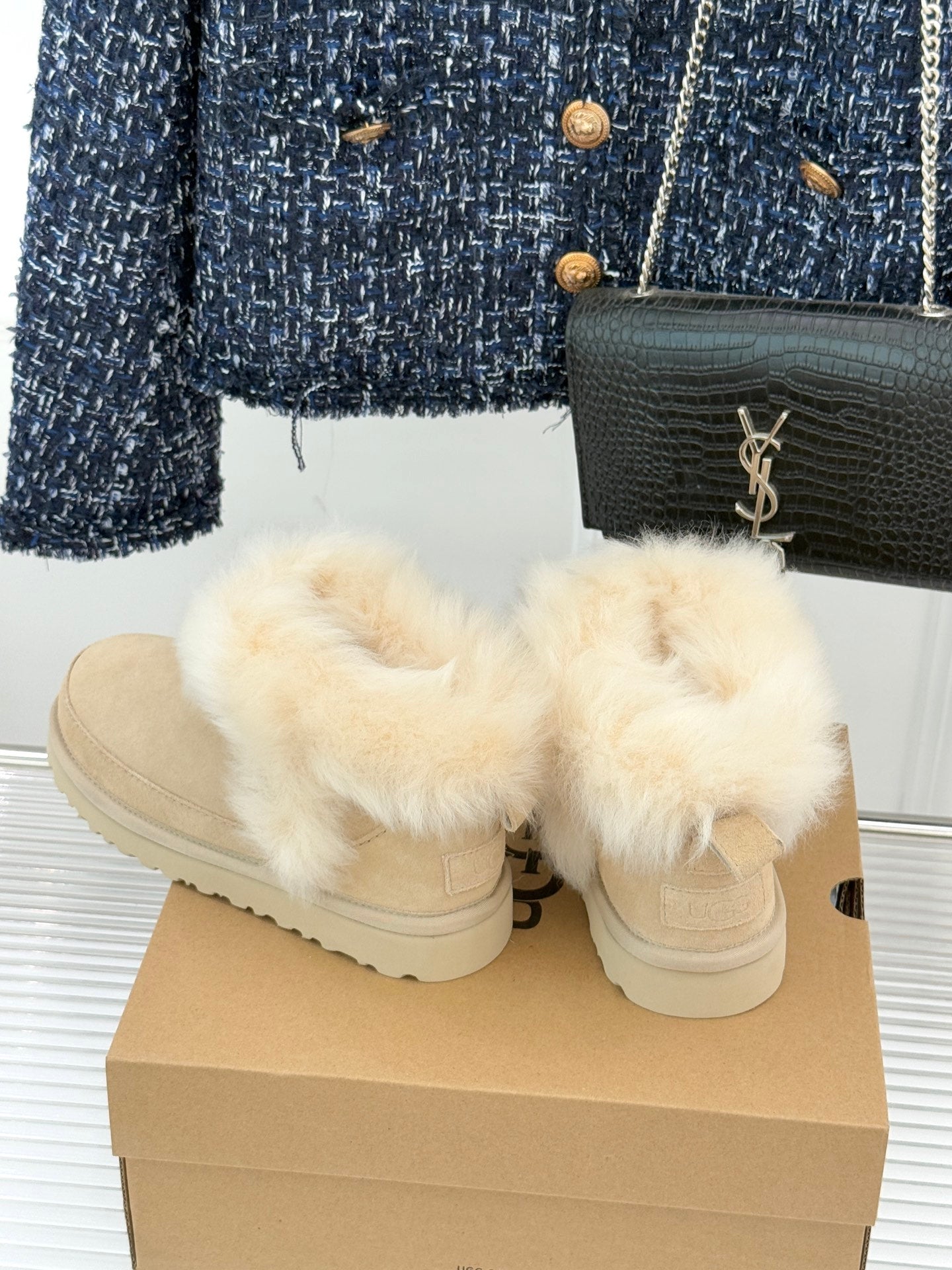 UGG Classic Ultra Mini Chalet Boots Muted Beige Suede Sheepskin Cuff 517489