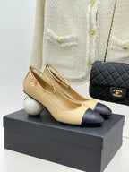 CC 26C Ribbon Camellia Mary Jane With Giant Pearl Black Beige Lambskin