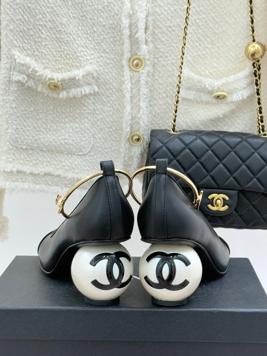CC 26C Ribbon Camellia Mary Jane With Giant Pearl Black Lambskin