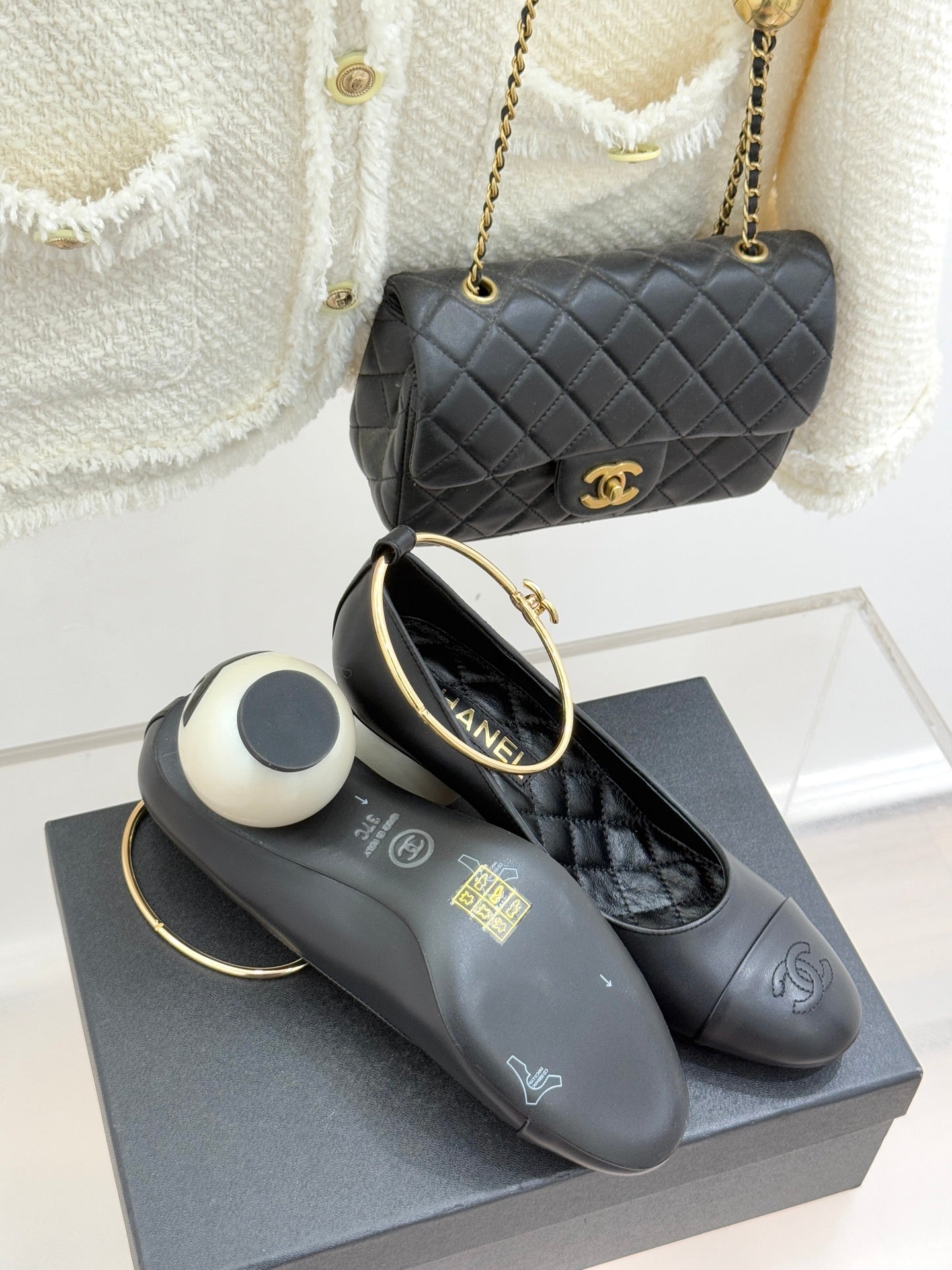 CC 26C Ribbon Camellia Mary Jane With Giant Pearl Black Lambskin