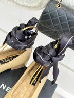 CC 26C Double C Ribbon Flat Shoes Black Beige Cafskin Fabric 557534