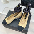 CC 26C Double C Ribbon Flat Shoes Black Beige Cafskin Fabric 557534