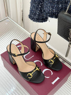GG 26WF Chunky Heel Sandals 5cm Black Sheepskin 632556