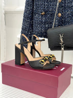 GG 26WF Chunky Heel Sandals 5cm Black Sheepskin 632556
