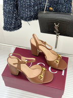 GG 26WF Chunky Heel Sandals 5cm Brown Sheepskin 632559