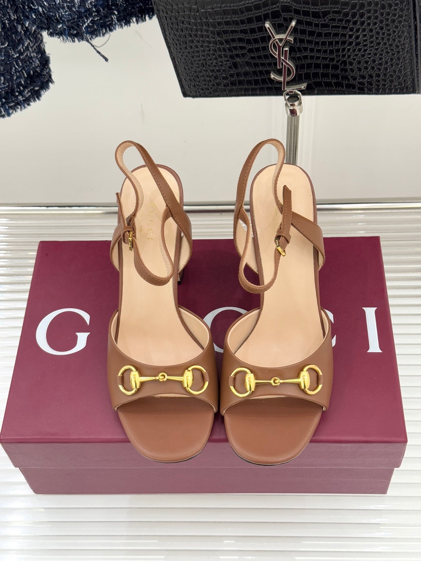 GG 26WF Chunky Heel Sandals 5cm Brown Sheepskin 632559