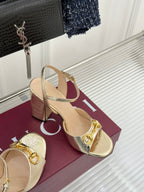 GG 26WF Chunky Heel Sandals 5cm Gold Metallic Sheepskin 632560