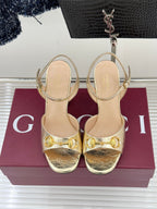 GG 26WF Chunky Heel Sandals 5cm Gold Metallic Sheepskin 632560