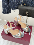 GG 26WF Chunky Heel Sandals 5cm Silver Metallic Sheepskin 632561
