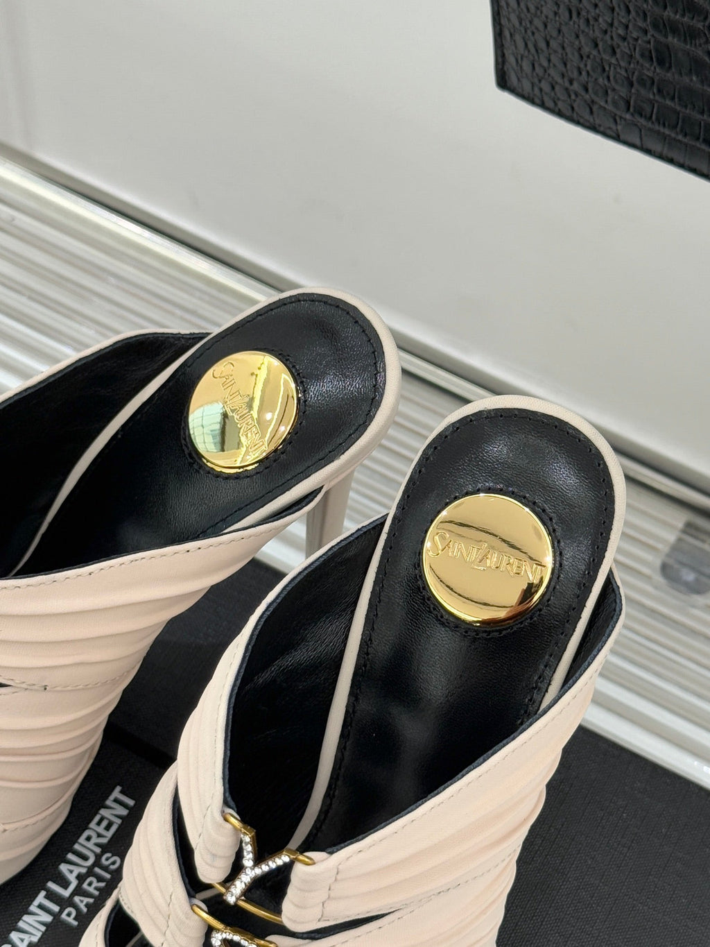 YSL Emilie Stiletto Mule Sandals 11cm Cream Satin 642912