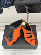 YSL Emilie Stiletto Mule Sandals 11cm Orange Satin 642913