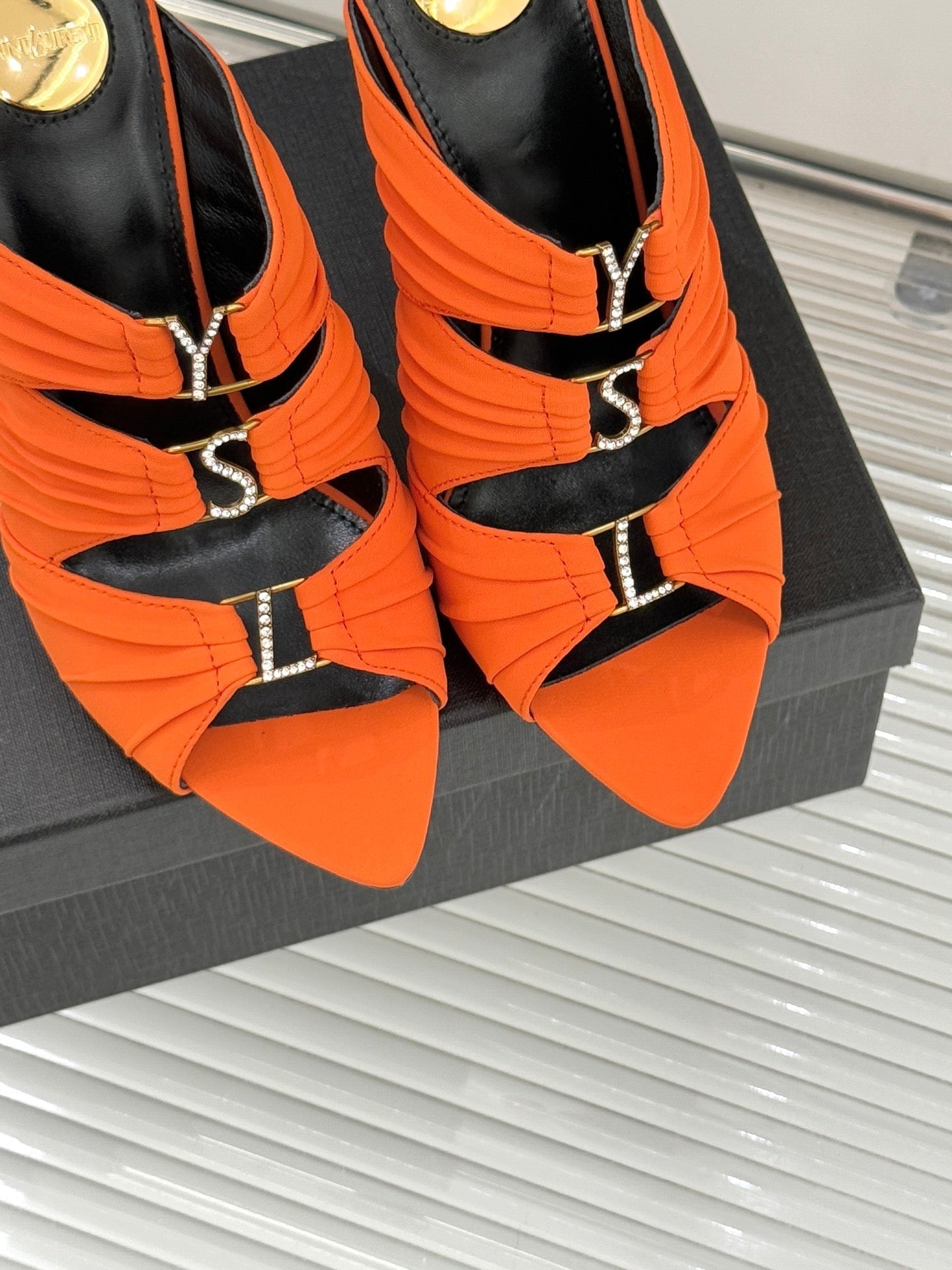 YSL Emilie Stiletto Mule Sandals 11cm Orange Satin 642913