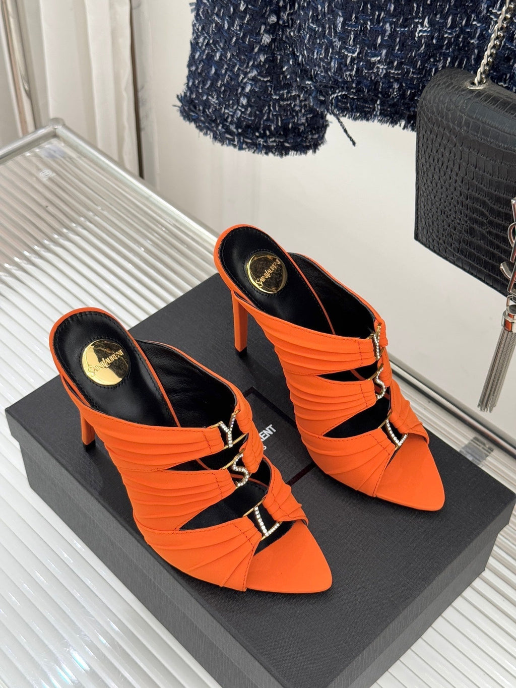 YSL Emilie Stiletto Mule Sandals 11cm Orange Satin 642913
