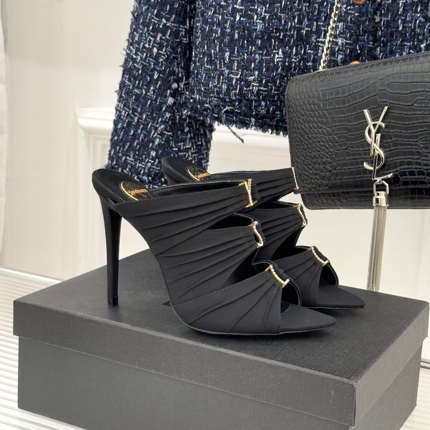 YSL Emilie Stiletto Mule Sandals 11cm Black Satin 642916