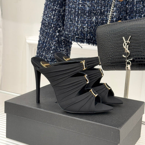 YSL Emilie Stiletto Mule Sandals 11cm Black Satin 642916