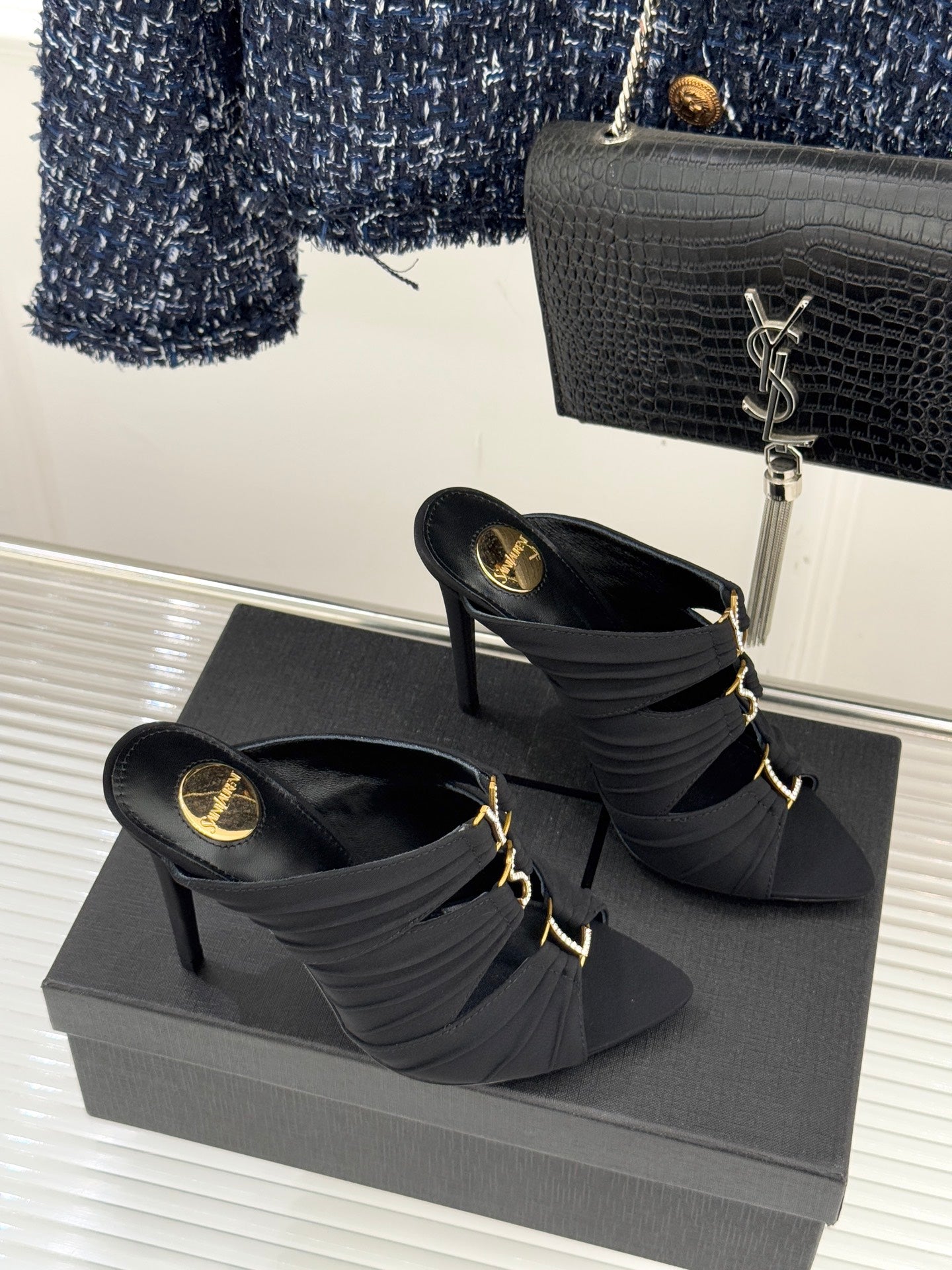 YSL Emilie Stiletto Mule Sandals 11cm Black Satin 642916