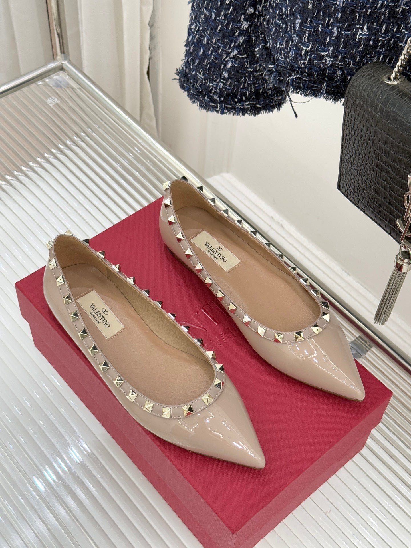 Valentino Rockstud Ballet Flat Beige Patent Leather 642997