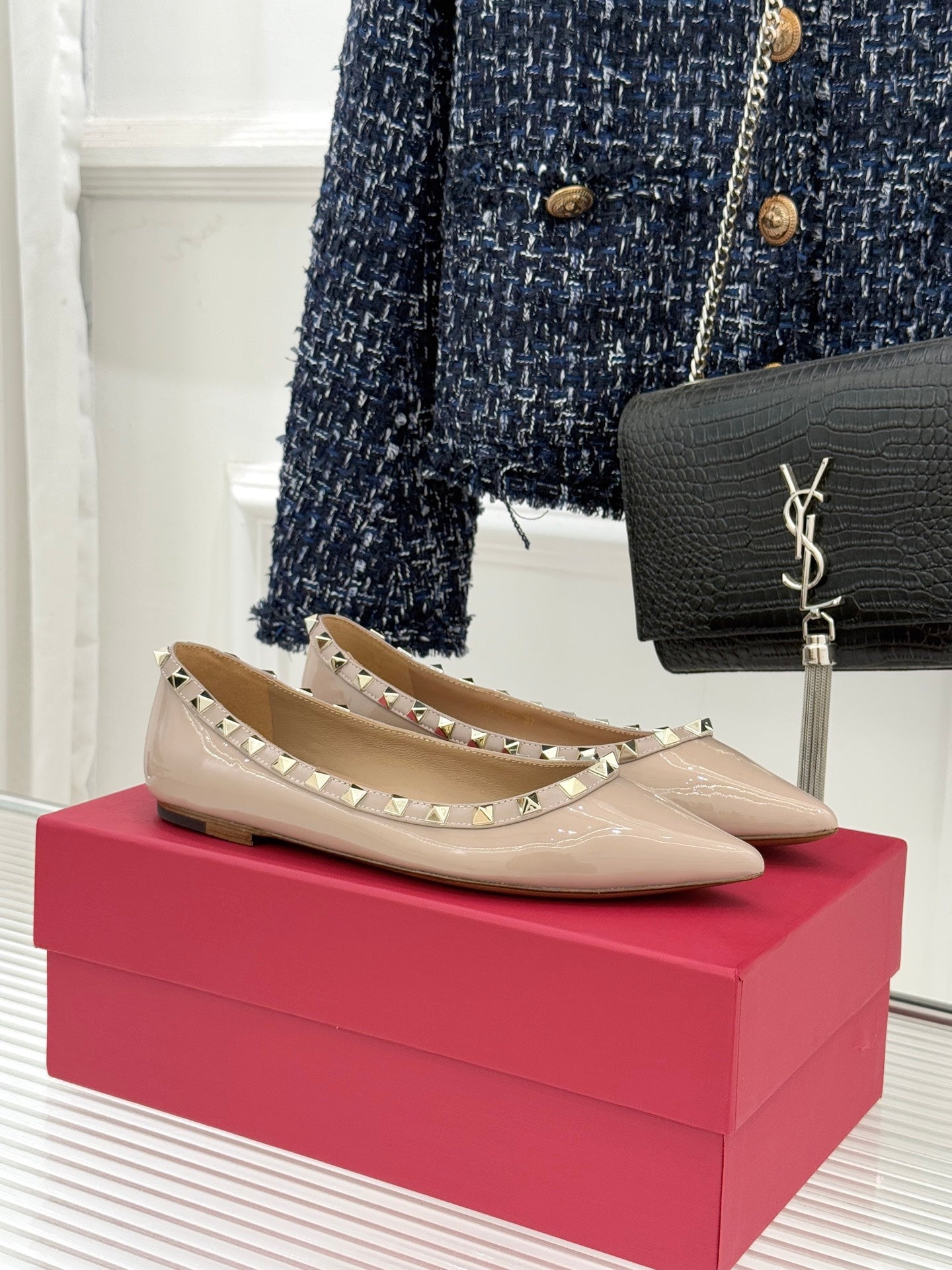 Valentino Rockstud Ballet Flat Beige Patent Leather 642997