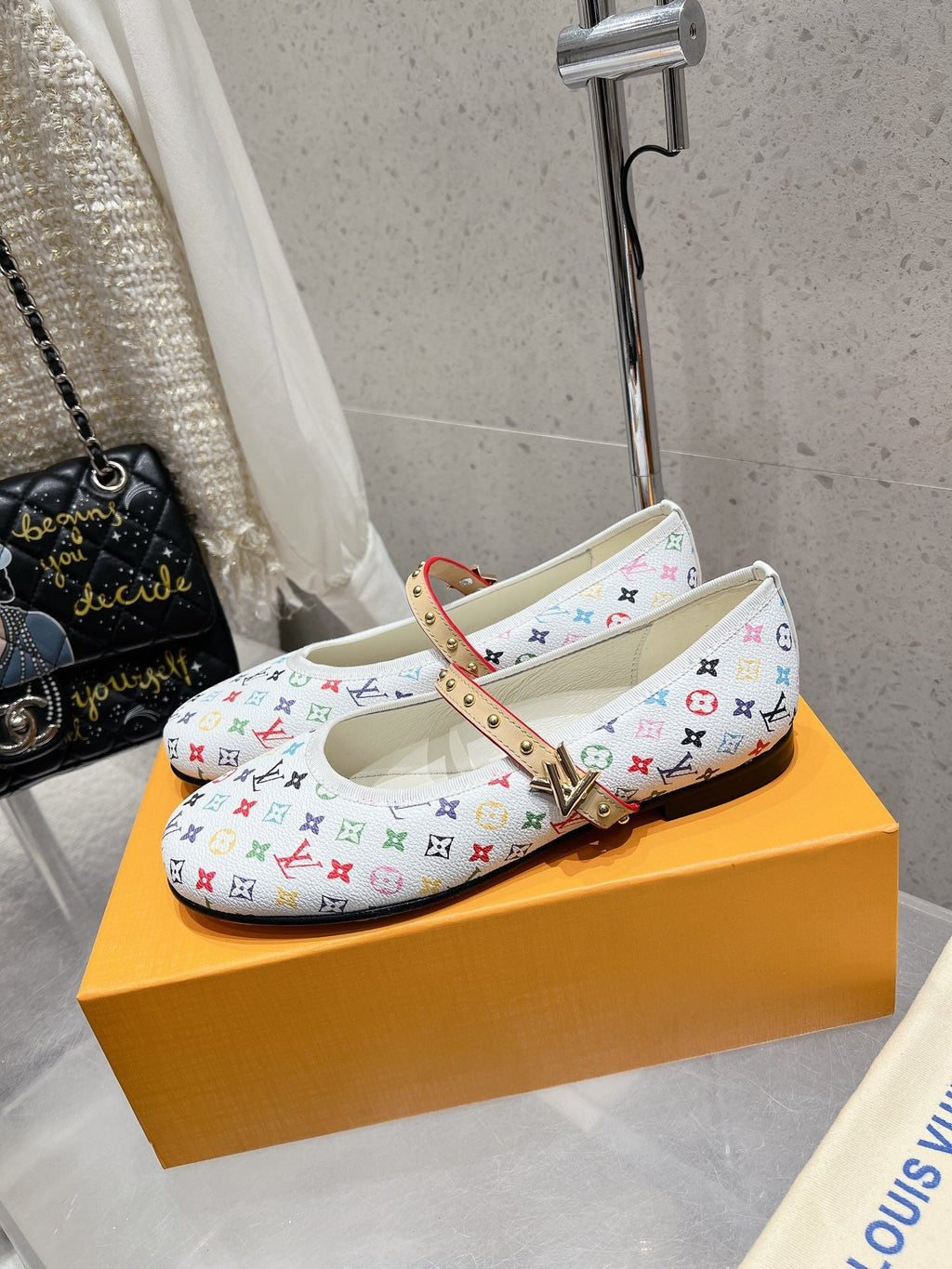 LV 26s Ballet Flats White Multicolor Monogram Leather 610842
