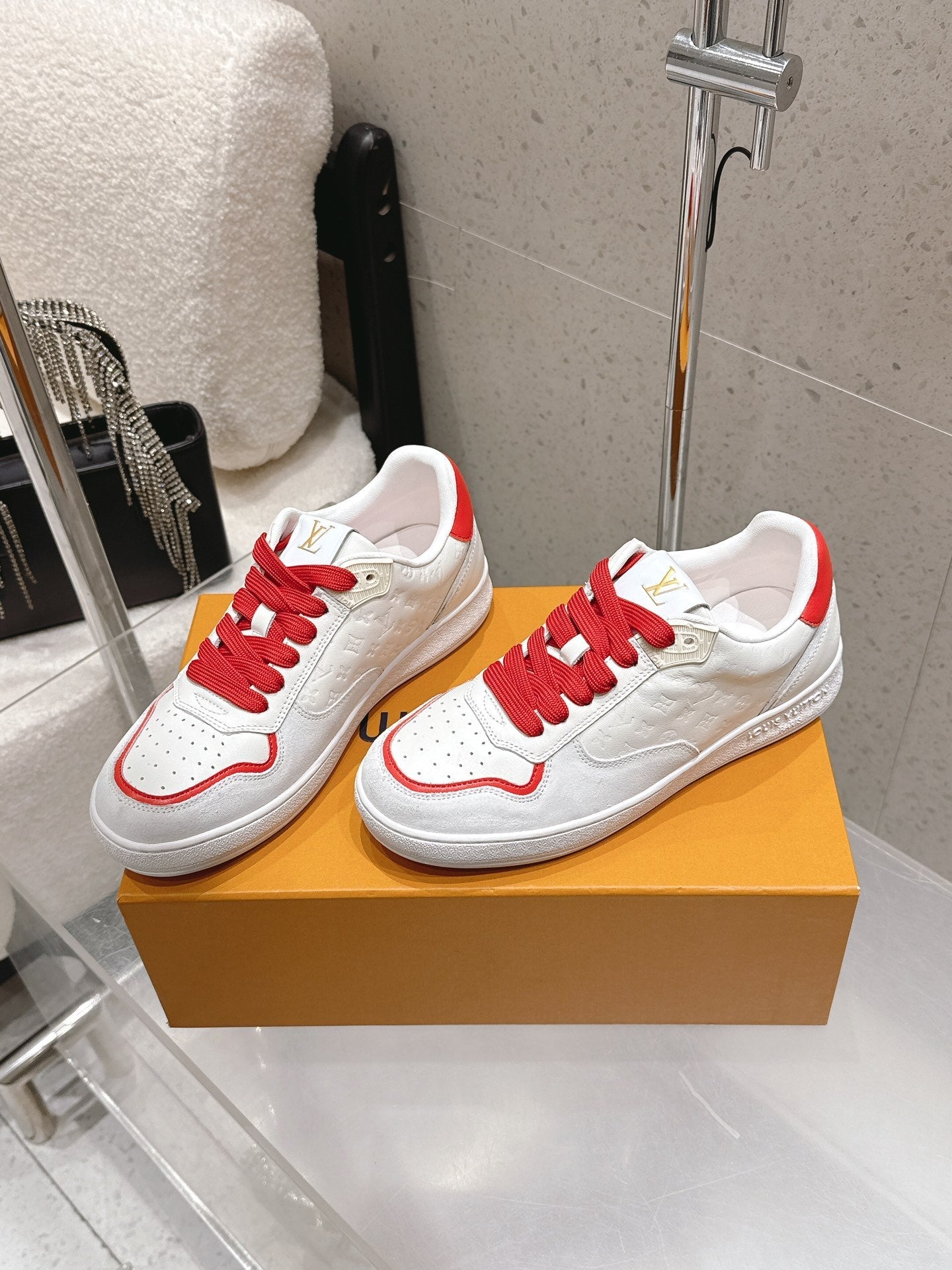 LV Trainer Sneaker White Mix Red Cowhide Suede 610805