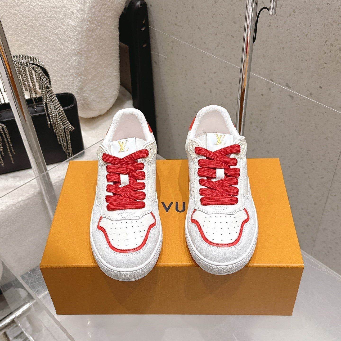LV Trainer Sneaker White Mix Red Cowhide Suede 610805