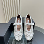 Alaia Strass Suede Ballet Flats In White 999322
