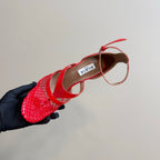 Alaia Fishnet Thong Heels Sandals Red Lambskin 299660