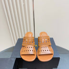 Alaia Vienne Cutout Kitten-Heel Slide Sandals Brown Sheepskin 299662
