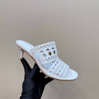Alaia Vienne Cutout Kitten-Heel Slide Sandals White Sheepskin 299663