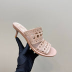 Alaia Vienne Cutout Kitten-Heel Slide Sandals Pink Sheepskin 299665