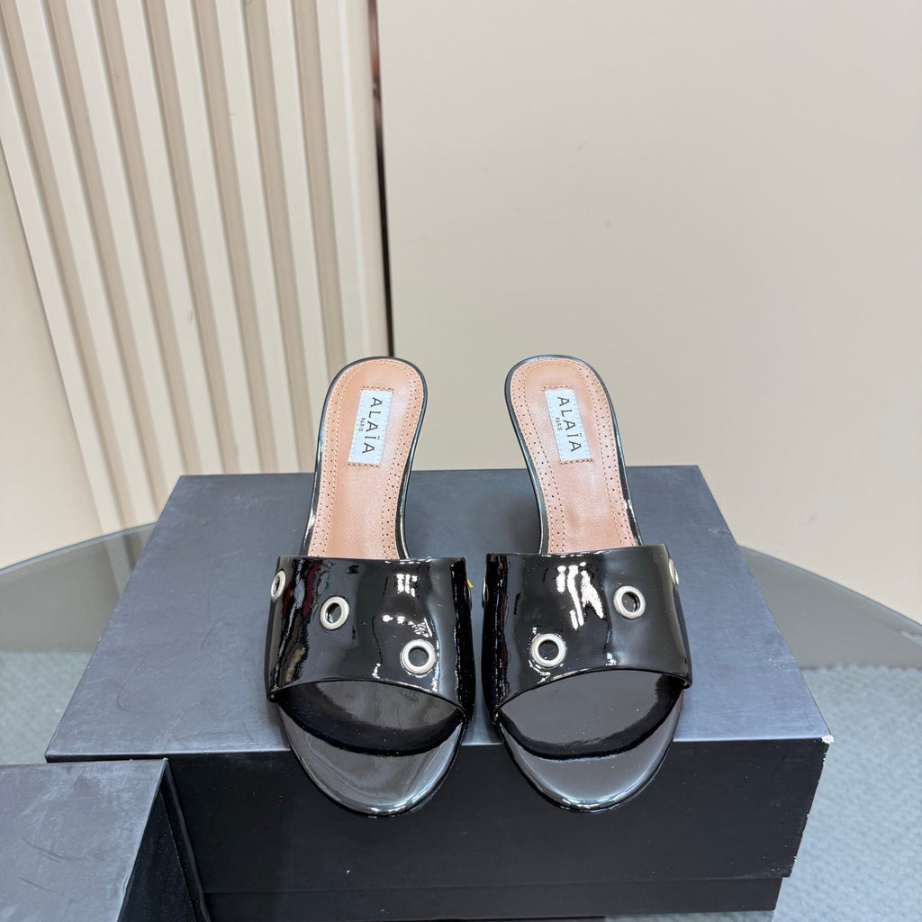 Alaia 2025 Oeillets Embellished Leather Sandals Glossy Black Lambskin 299668
